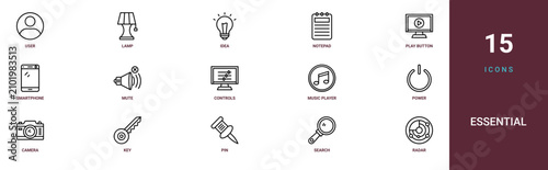 Set of 15 outline web Essential icons such as radar, search, pin, key, camera, power, music player vector icons for report, presentation, diagram, web design, mobile app