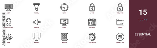 Set of 15 outline web Essential icons such as compact disk, stopwatch, window, magnet, view, folder, calender vector icons for report, presentation, diagram, web design, mobile app