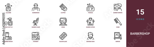 Set of 15 outline web Barbershop icons such as mirror, bearded man, razor blade, payment, barber brush, comb, barber apron vector icons for report, presentation, diagram, web design, mobile app