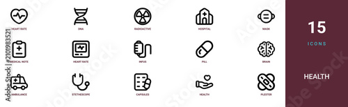 Set of 15 outline web Health icons such as plester, health, capsules, stethescope, ambulance, brain, pill vector icons for report, presentation, diagram, web design, mobile app