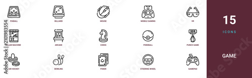 Set of 15 outline web Game icons such as gamepad, steering wheel, poker, bowling, air hockey, punch game, pokeball vector icons for report, presentation, diagram, web design, mobile app