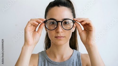 Young Woman Adjusting Her Modern Stylish Eyeglasses Looking Directly at Camera with a Serious Confident Expression