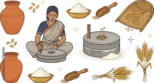 Foto Indian Village Woman Grinding Wheat with Traditional Stone Mill Icon Set with Fl