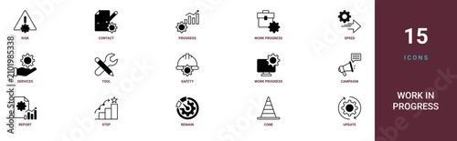 Photos Set of 15 outline web Work in Progress icons such as update, cone, remain, step,
