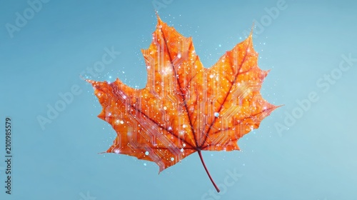 Single bright orange autumn maple leaf with glowing digital circuitry veins, floating on a sky blue background, technology meets nature concept