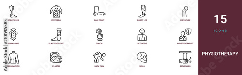Tableau sur toile Set of 15 outline web Physiotherapy icons such as broken leg, skull, back pain,