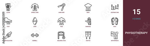 Set of 15 outline web Physiotherapy icons such as orthopedics, crutch, walking stick, barbell, articulation, foot, bandage vector icons for report, presentation, diagram, web design, mobile app