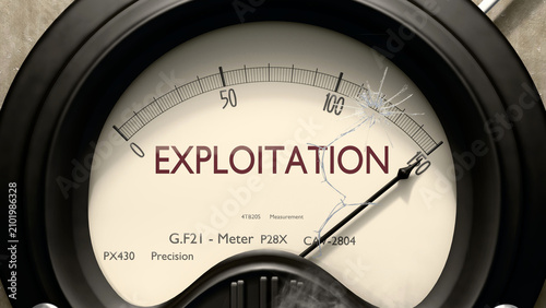 Exploitation meter showing high levels of exploitation. Dangerously increasing values of exploitation, critical overload. Too much, off the charts. Max exploitation ,3d illustration