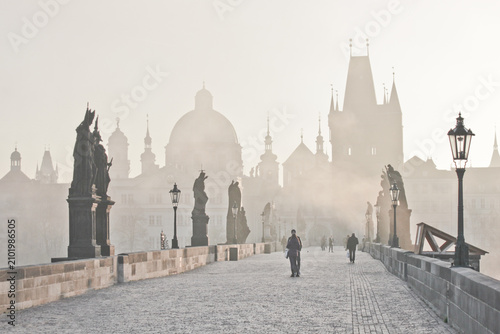 Canvas Print Charles Bridge in Prague at Sunrise, Morning fog and Mystic light