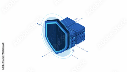 Isometric Digital Security Shield Protecting Server Data Infrastructure