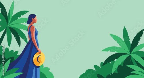 Bild auf Leinwand Elegant Woman in Long Blue Dress Standing Amidst Tropical Palm Trees and Foliage