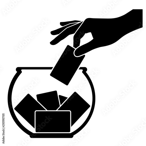 Canvas Print Hand placing a card into a raffle bowl icon with selection promotion submission
