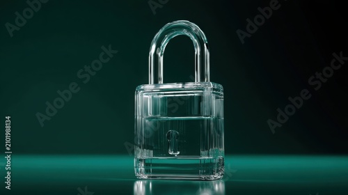 Transparent crystal glass padlock on a rich emerald green background, subtle reflections, cybersecurity and privacy concept, premium conceptual