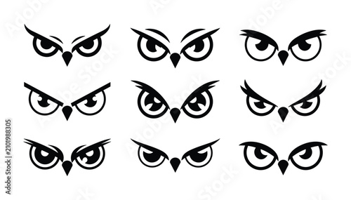 Foto Owl Eyes Collection: A compilation of nine distinct pairs of stylized owl eyes, rendered in sharp black and white graphics