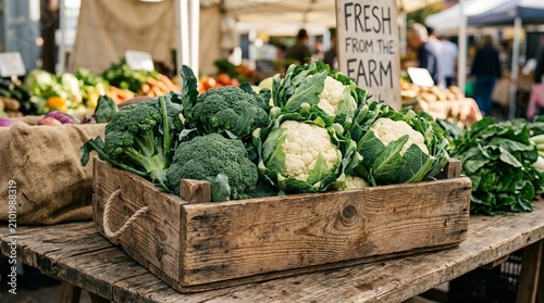 Fresh organic vegetables arranged in a rustic wooden crate at market.