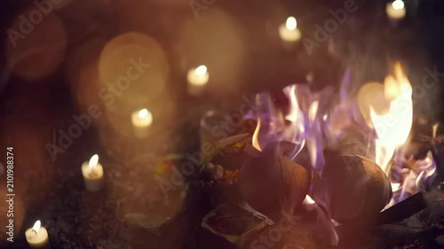 puja or yajna ceremony in India and hindu traditional holy ritual, asian puja diwali and spiritual rite in Bali 4k