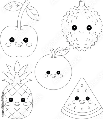 Very cute fruits coloring page . 5 fruits in one coloring page 