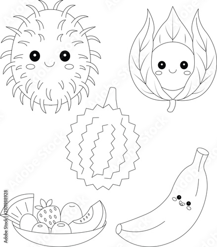 Very cute fruits coloring page . 5 fruits in one coloring page 