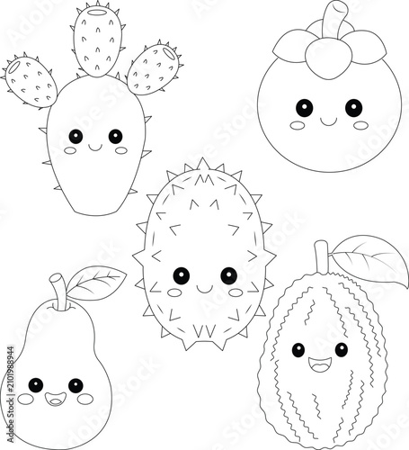 Very cute fruits coloring page . 5 fruits in one coloring page 