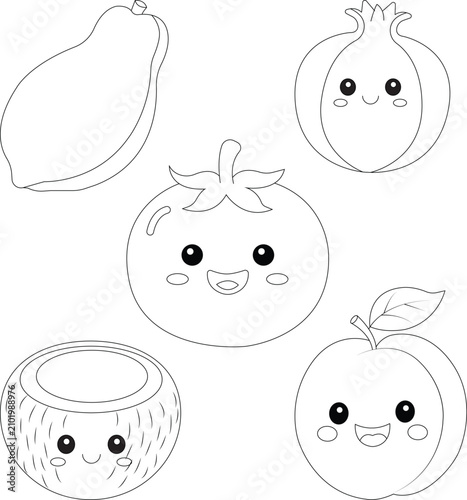 Very cute fruits coloring page . 5 fruits in one coloring page 