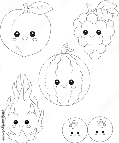 Very cute fruits coloring page . 5 fruits in one coloring page 