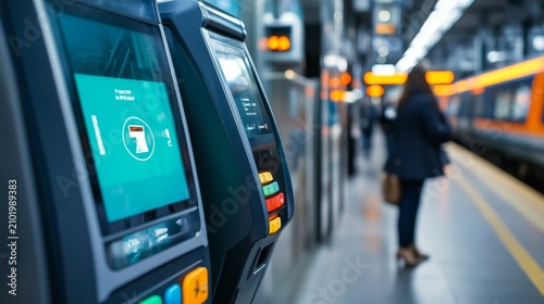 Close-up of a digital train ticket kiosk with a blurred commuter on a station platform, captured in a shallow depth-of-field perspective, Public transport, Travel