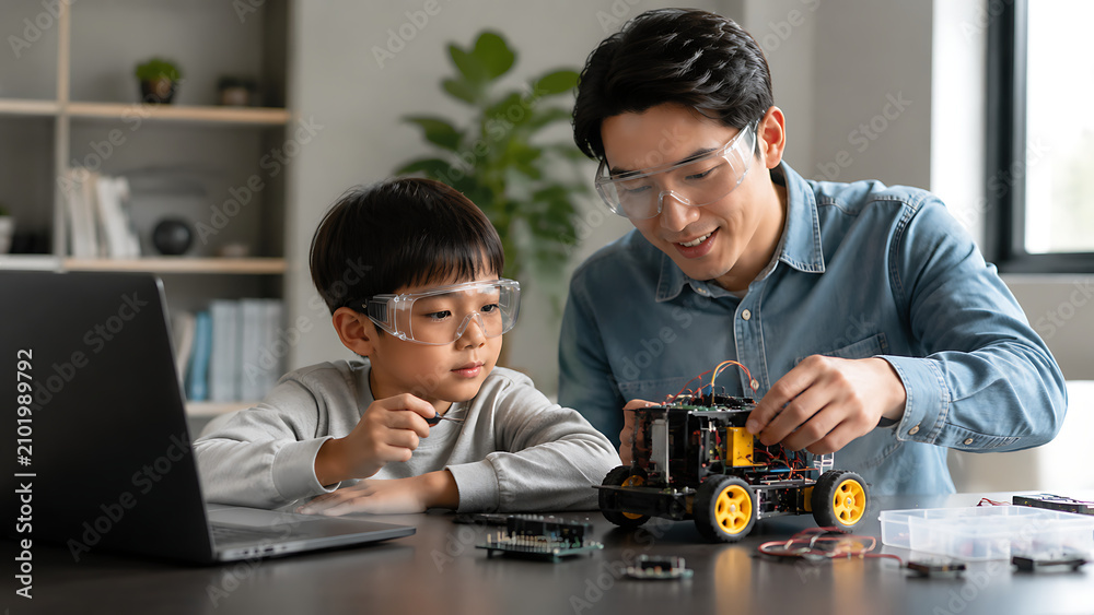 Fototapeta premium Father and Child Building Robot at Home with STEM Education and Technology Learning