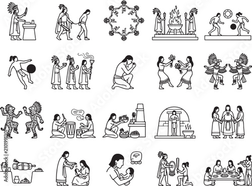 A collection of line drawings depicts various cultural and religious rituals, including ceremonies, sacrifices, and communal gatherings.
