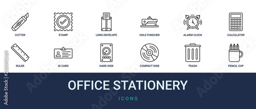 Bild auf Leinwand Set of 12 outline web Office Stationery icons such as pencil cup, trash, compact