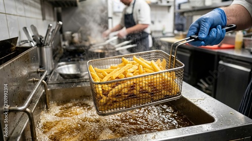 Chef carefully fries golden french fries in a hot oil deep fryer in a busy restaurant kitchen.