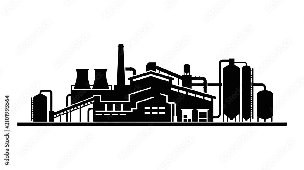Fototapeta premium Factory Silhouette Against White Background Industrial Complex Illustration