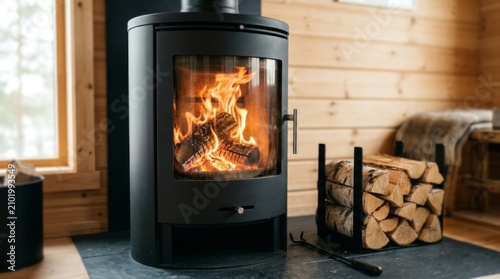 A black wood stove glows with burning logs inside a cozy cabin.
