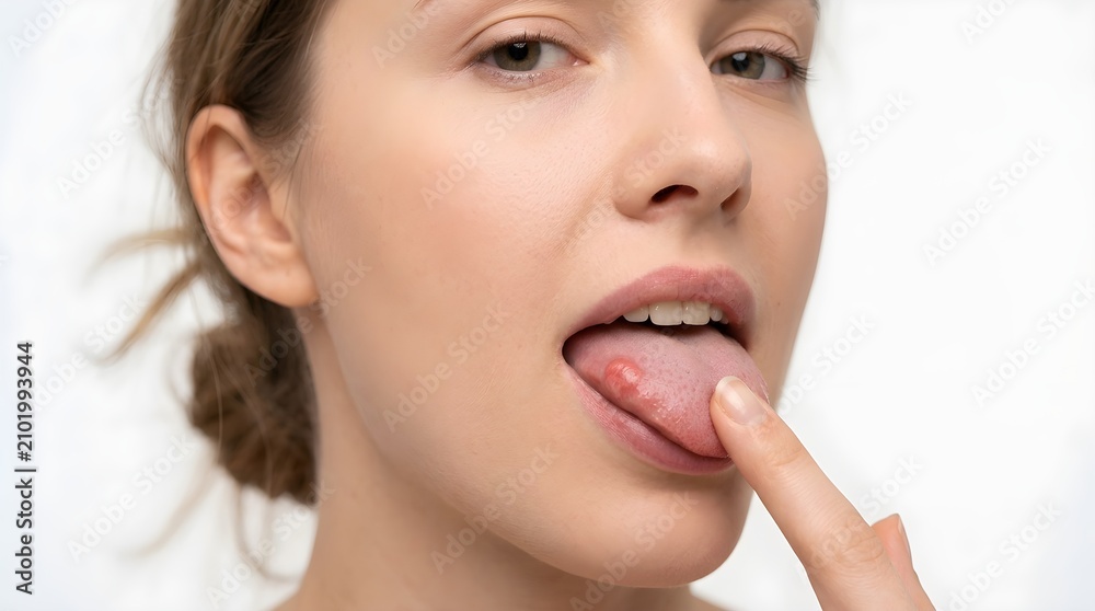 Obraz premium Young Woman Checking Painful Canker Sore or Oral Ulcer on Her Tongue for Medical Diagnosis and Health Concern