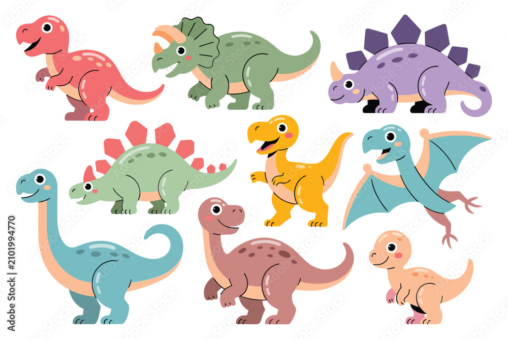Obraz premium Set of cute cartoon dinosaurs featuring various prehistoric species including t-rex triceratops stegosaurus and pterodactyl on white background