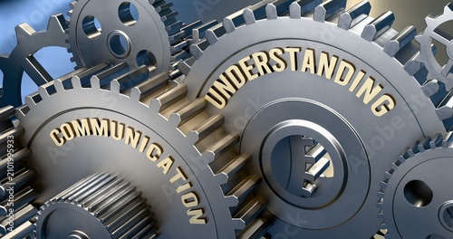 Communication is a power gear of understanding. It's the driving force in the Understanding Engine. Communication sets understanding in motion. No AI, created by humans for humans. ,3d illustration