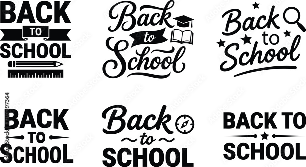 Obraz premium Set of six black and white back to school typography design elements