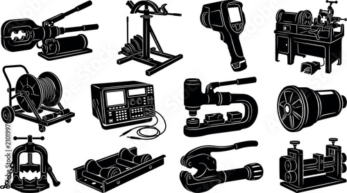 Bild auf Leinwand Set of industrial workshop tools and technical diagnostic equipment silhouettes
