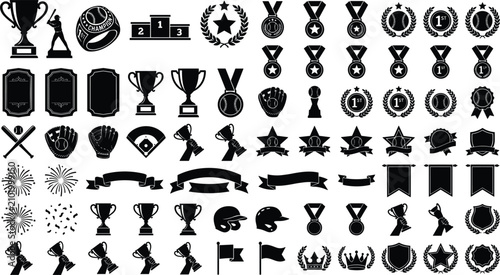 Cuadro en lienzo Baseball awards and trophy vector silhouette mega collection featuring gold cups winner medals ribbons stars badges helmets bats and champion elements