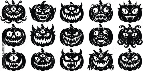 Cuadro en lienzo Scary halloween monster pumpkin jack o lantern silhouette faces vector set with