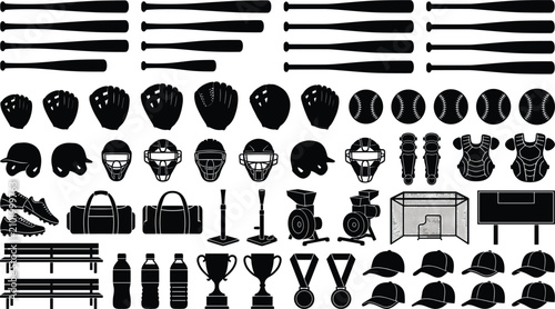 Konstfotografi Baseball equipment icon set vector illustration featuring bat mitt glove helmet