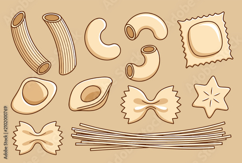 Assorted dry pasta types displaying classic shapes like penne, macaroni, ravioli, farfalle, and long spaghetti strands.