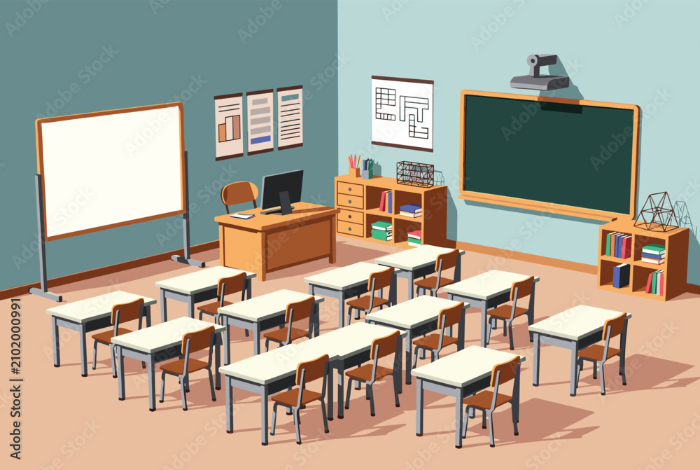 Naklejka premium Spacious school classroom interior equipped with multiple student desks, a teacher desk, and dual boards.