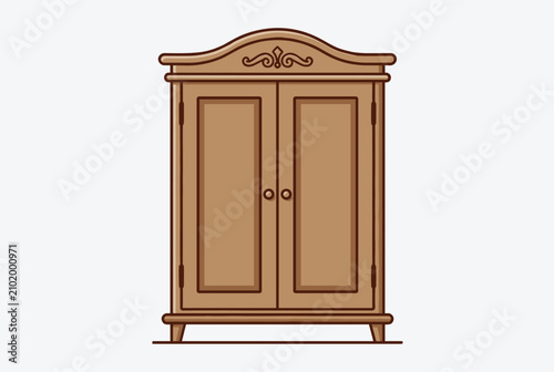Elegant vintage brown wooden wardrobe with decorative top carving isolated on a light gray background.