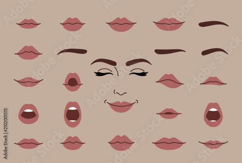 Facial expressions kit with various lip shapes eyebrows and smiling closed eyes on a neutral beige backdrop.