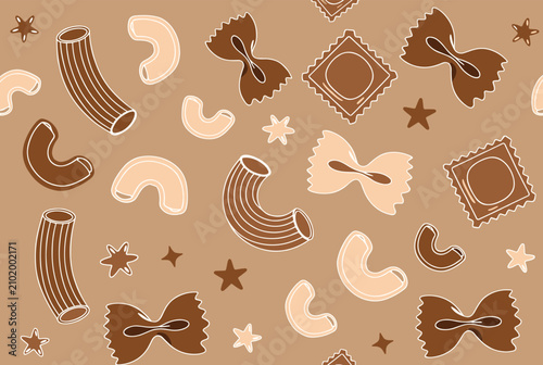 Seamless warm brown background pattern filled with various delicious dried Italian pasta shapes and little stars.