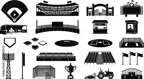 Fotografie Baseball stadium infrastructure vector silhouette icon set featuring diamond field scoreboard dugout bleachers floodlights ticket booth tractor and podium elements