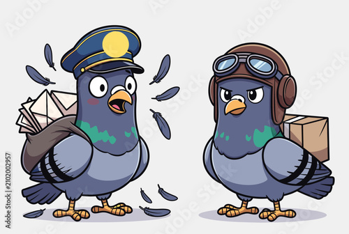 Cute cartoon carrier pigeons dressed as mail delivery birds with one carrying letters and the other a parcel box.