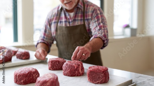 Professional butcher inspecting freshly prepared filet mignon steaks on marble counter. Premium beef quality control before sale