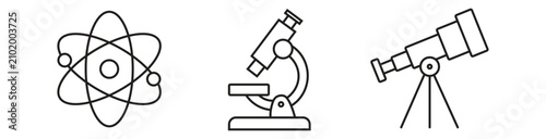 Science and research line icon set. Atom, microscope, and telescope vectors.