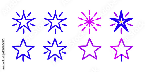Hand drawn blue and purple star icons and sparkles set